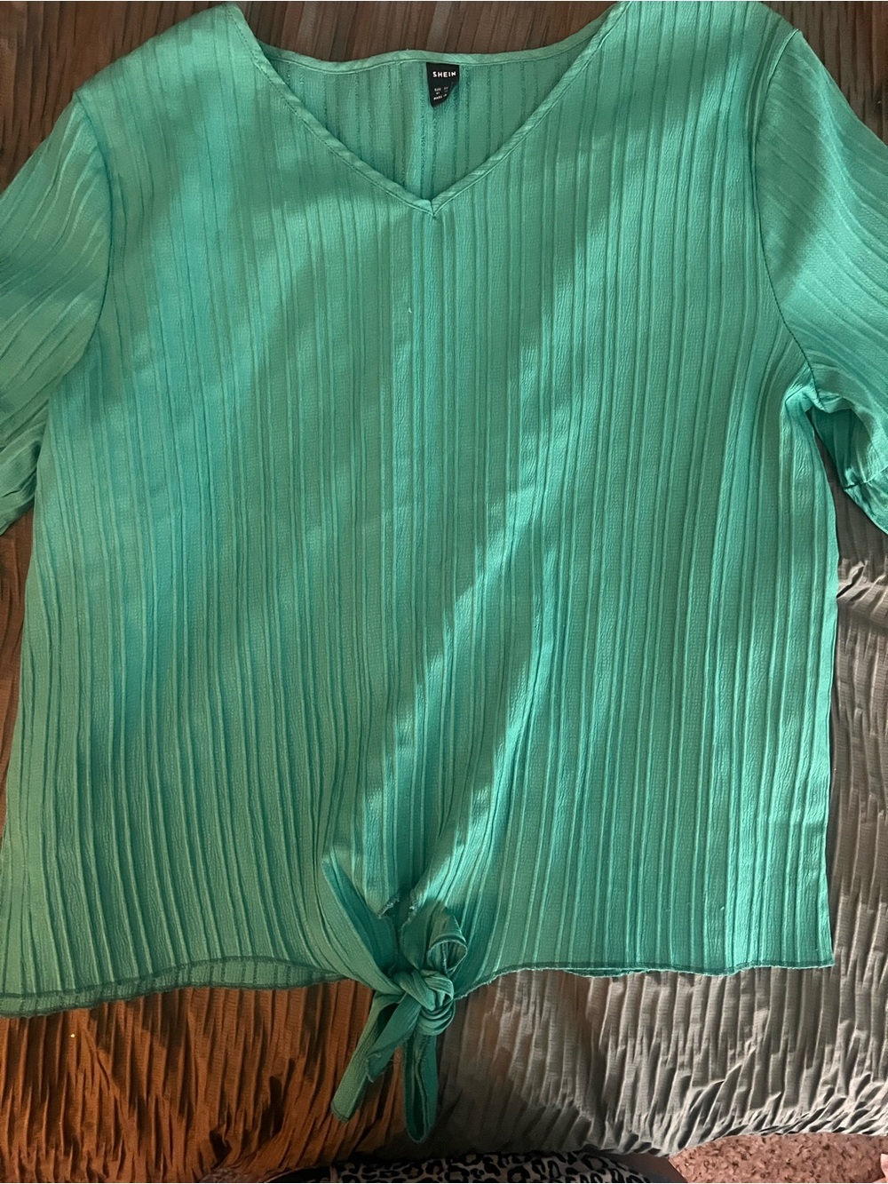 SHEIN Mint Green V-Neck Tie-Front Ribbed Blouse